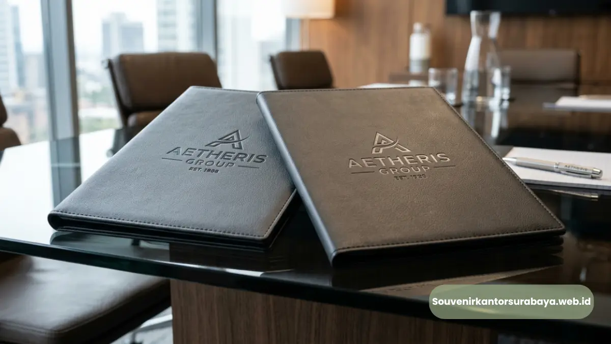 Detail embos logo perusahaan pada map folder kulit sintetis